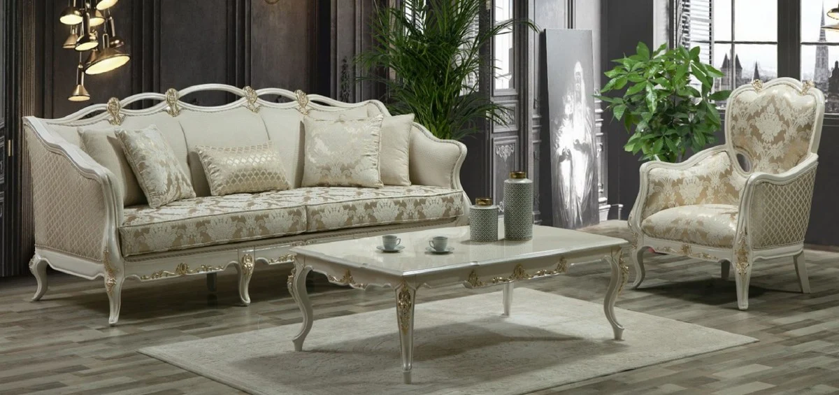 Luxury Baroque Sofa Cream / White / Gold - Handmade Living Room Sofa with Decorative Pillows - Living Room Furniture in Baroque Style - Noble & Magnificent