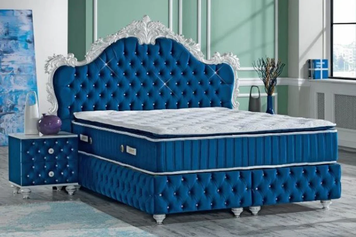 Baroque double bed royal blue / white - magnificent velvet bed with rhinestones and mattress - bedroom set in baroque style