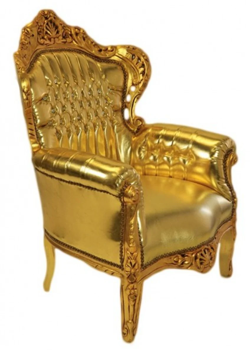 Baroque armchair King Gold/Gold leather look with bling bling glitter stones