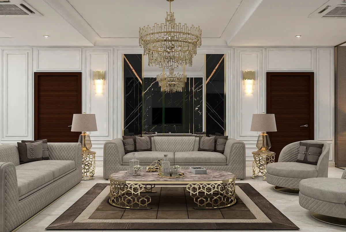 Luxury coffee table with artificial marble table top grey-black / gold 140 cm