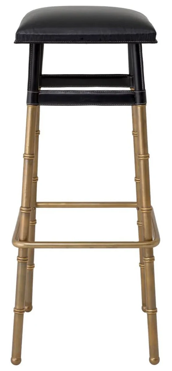 Luxury bar stool black / vintage brass 34.5 x 33 x H. 80.5 cm - Padded bar chair with real leather - Bar furniture - Leather furniture - Luxury furniture - Luxury quality