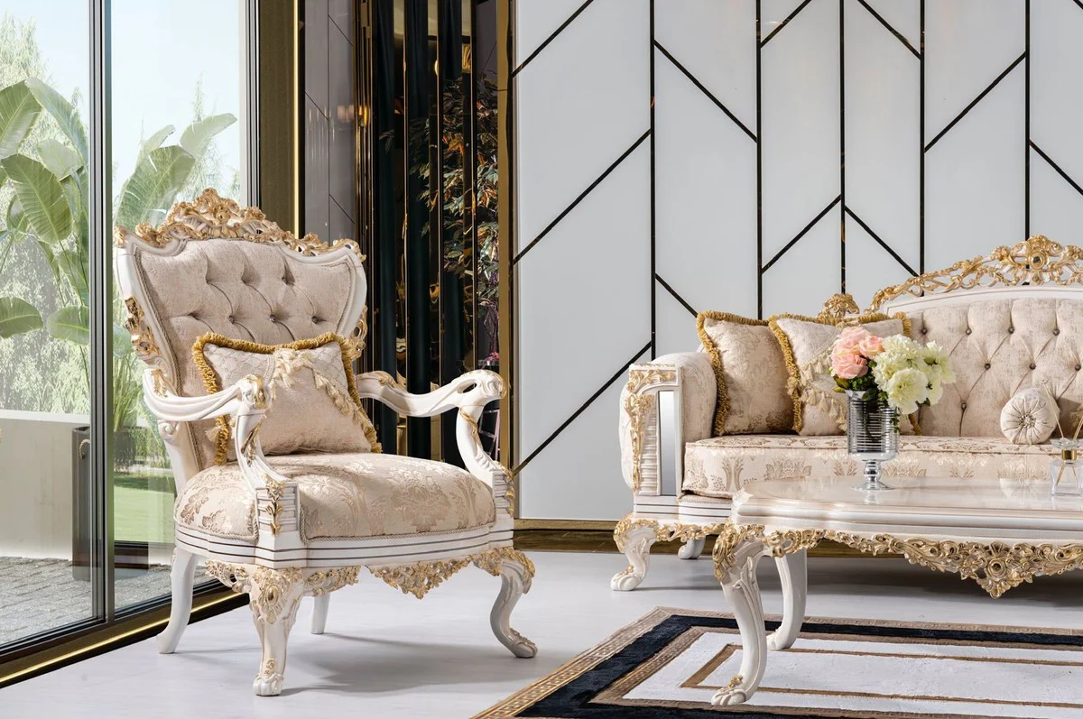 Luxury baroque coffee table beige / white / gold - magnificent living room table in baroque style - baroque style living room furniture - baroque furnishings - baroque furniture - luxury furniture in baroque style