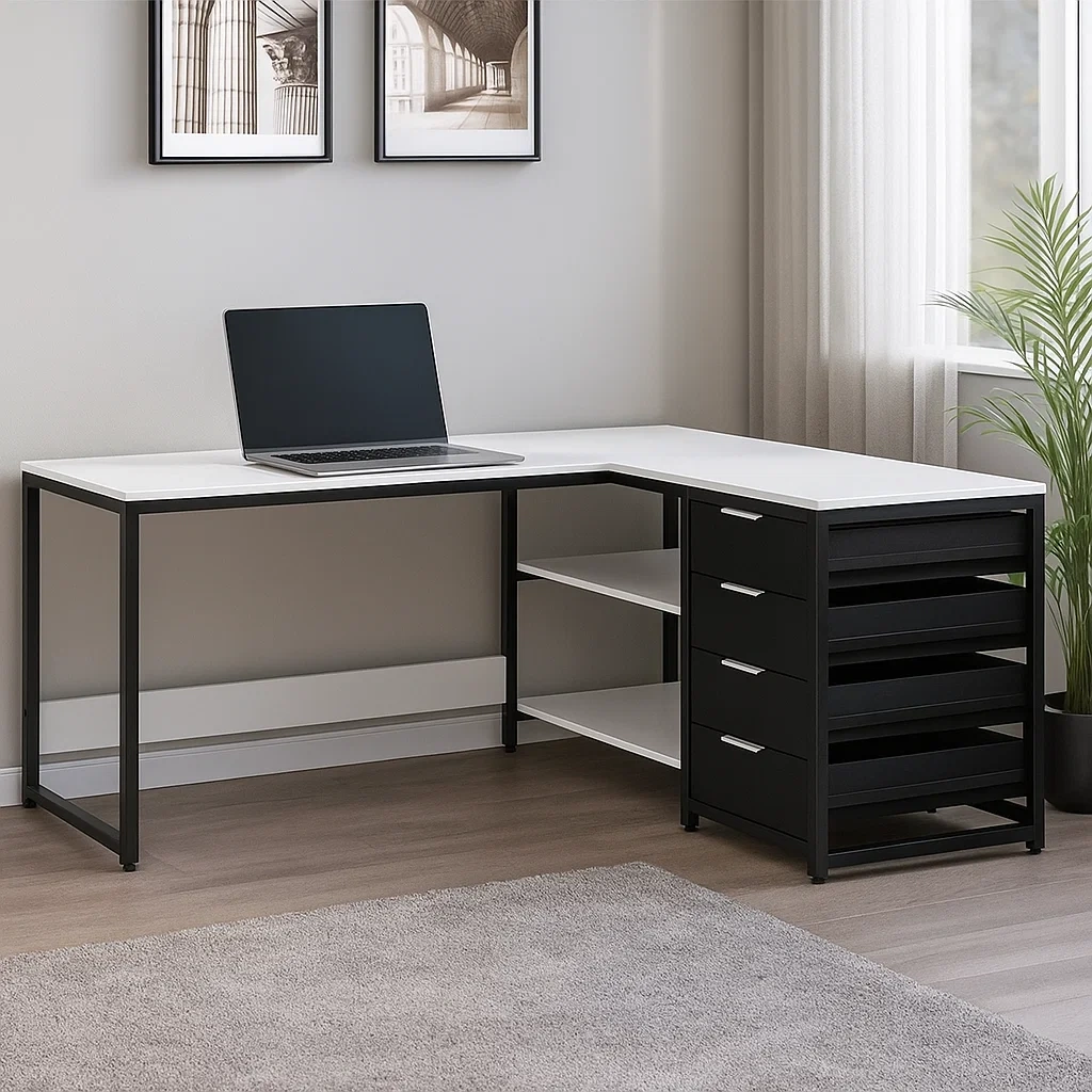 L-shaped desk with 4 drawers and open shelves, black and white, 140 x 120 x 75 cm - AEBVMIv304lW