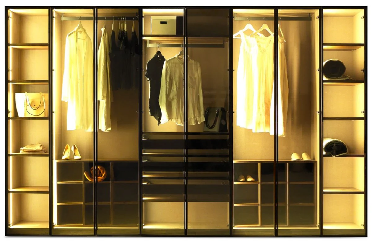 Luxury bedroom wardrobe dark brown 360 x 62 x H. 230 cm - Illuminated wardrobe with 8 glass doors - Bedroom furniture - Hotel furniture - Luxury furniture