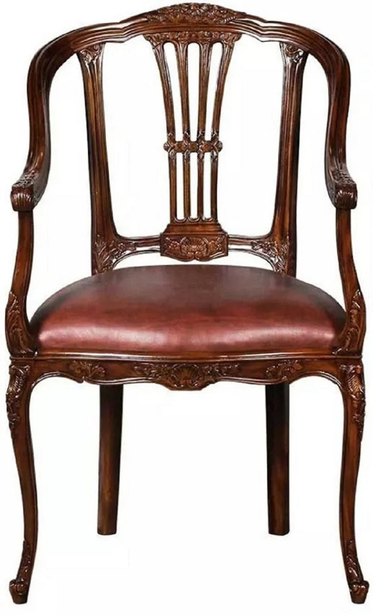 Luxury Baroque Leather Dining Room Chair Set of 4 with Armrests Brown - Magnificent Baroque Style Real Leather Kitchen Chairs - Luxury Baroque Dining Room Furniture - Noble & Magnificent