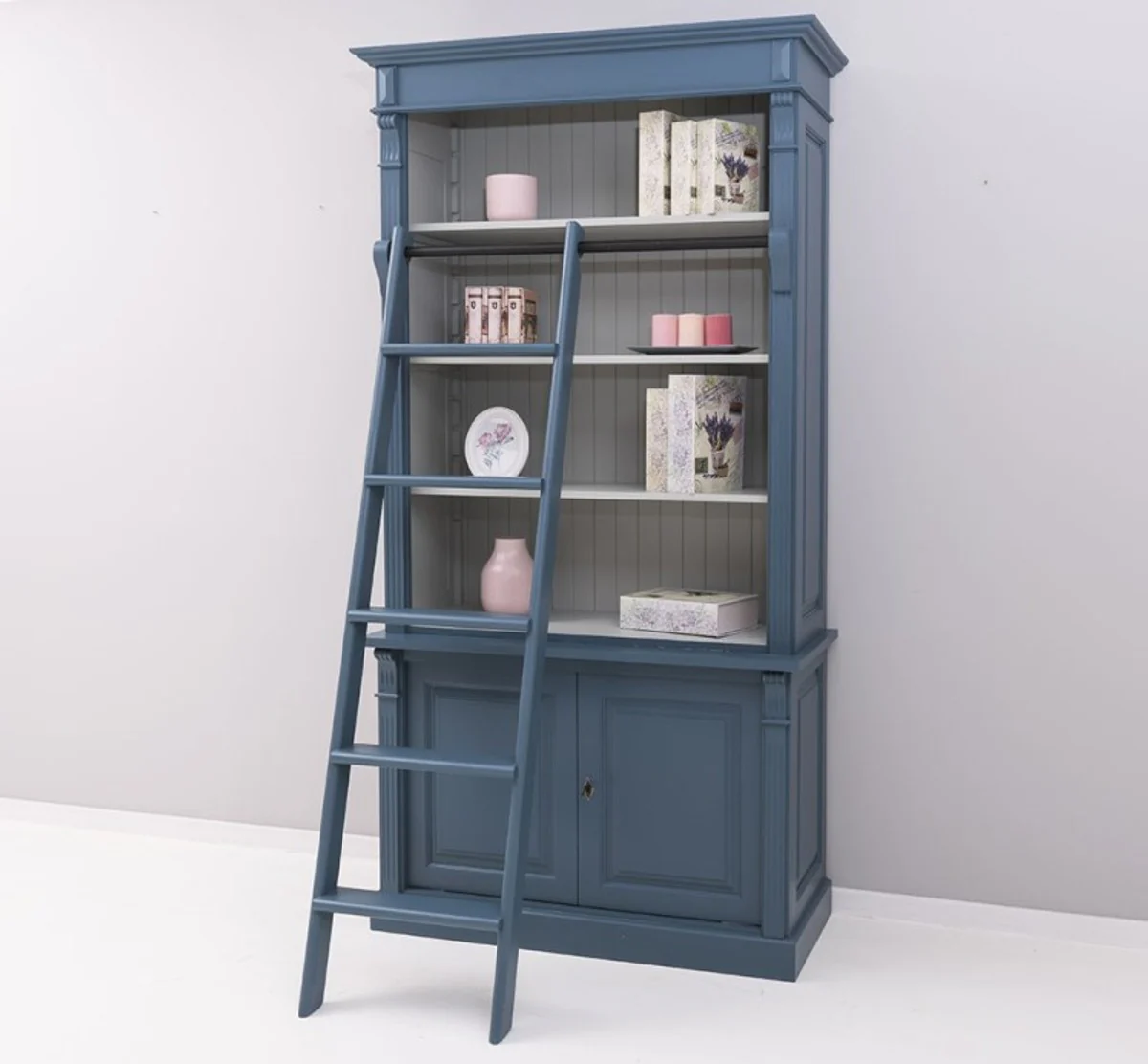 Country house style bookcase with ladder steel blue / gray