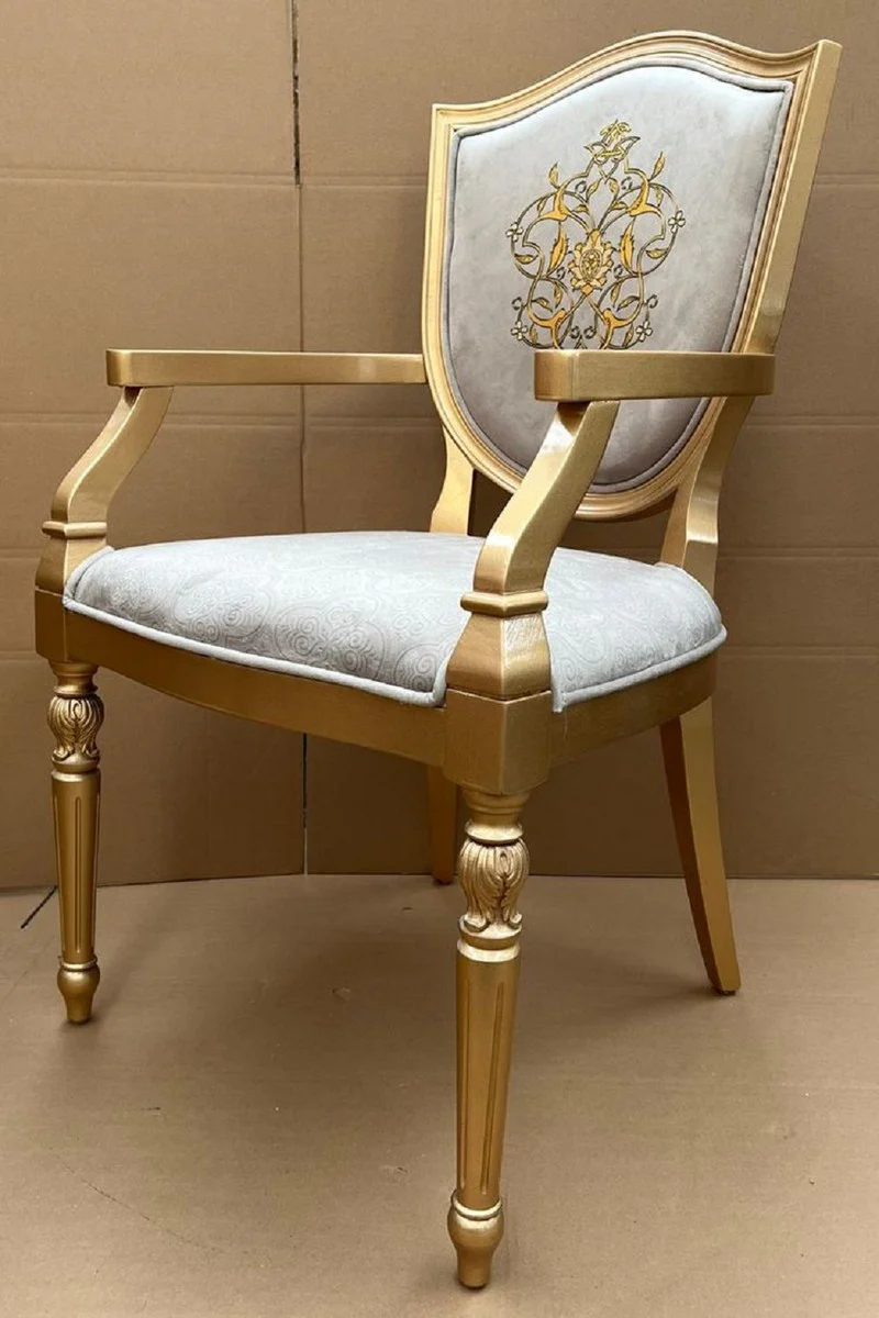 Luxury Art Deco Dining Room Chair Gray / Gold - Elegant Solid Wood Chair with Armrests - Art Deco Dining Room Furniture