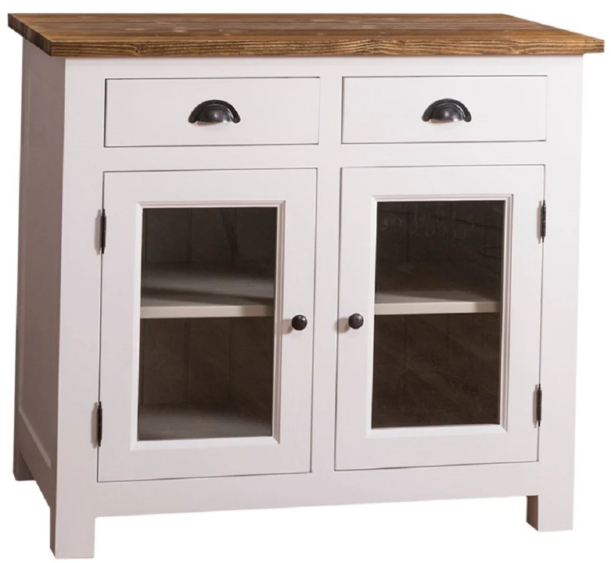 Country house style kitchen cabinet with 2 glass doors and 2 drawers white / gray / brown 100 x 65 x H. 90 cm - kitchen furniture in country house style