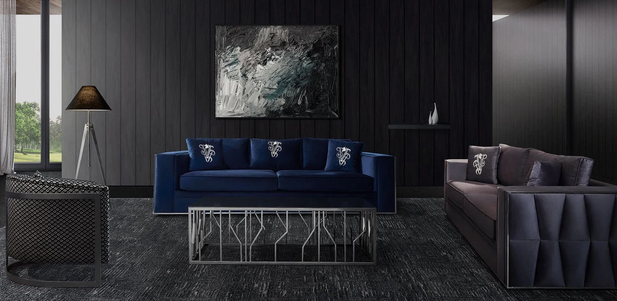 Luxury sofa blue / silver 240 x 95 x H. 65 cm - Living room sofa with decorative pillows - Luxury living room furniture