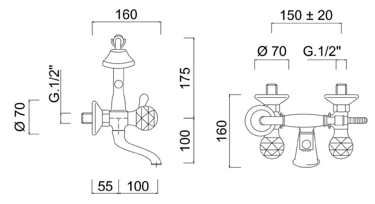 Luxury Art Nouveau bath mixer with hose and hand shower silver 20 x 16 x H. 27.5 cm - bathtub fitting with Swarovski crystal glass - nostalgic bathroom accessories