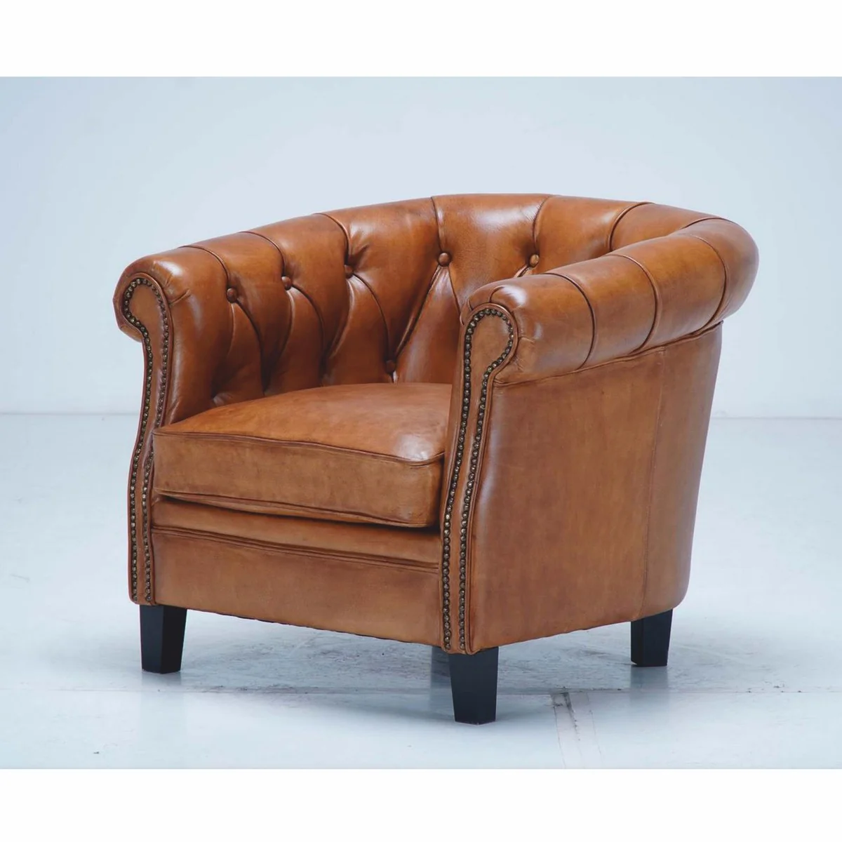 Luxury Chesterfield genuine leather armchair light brown / black - genuine leather furniture