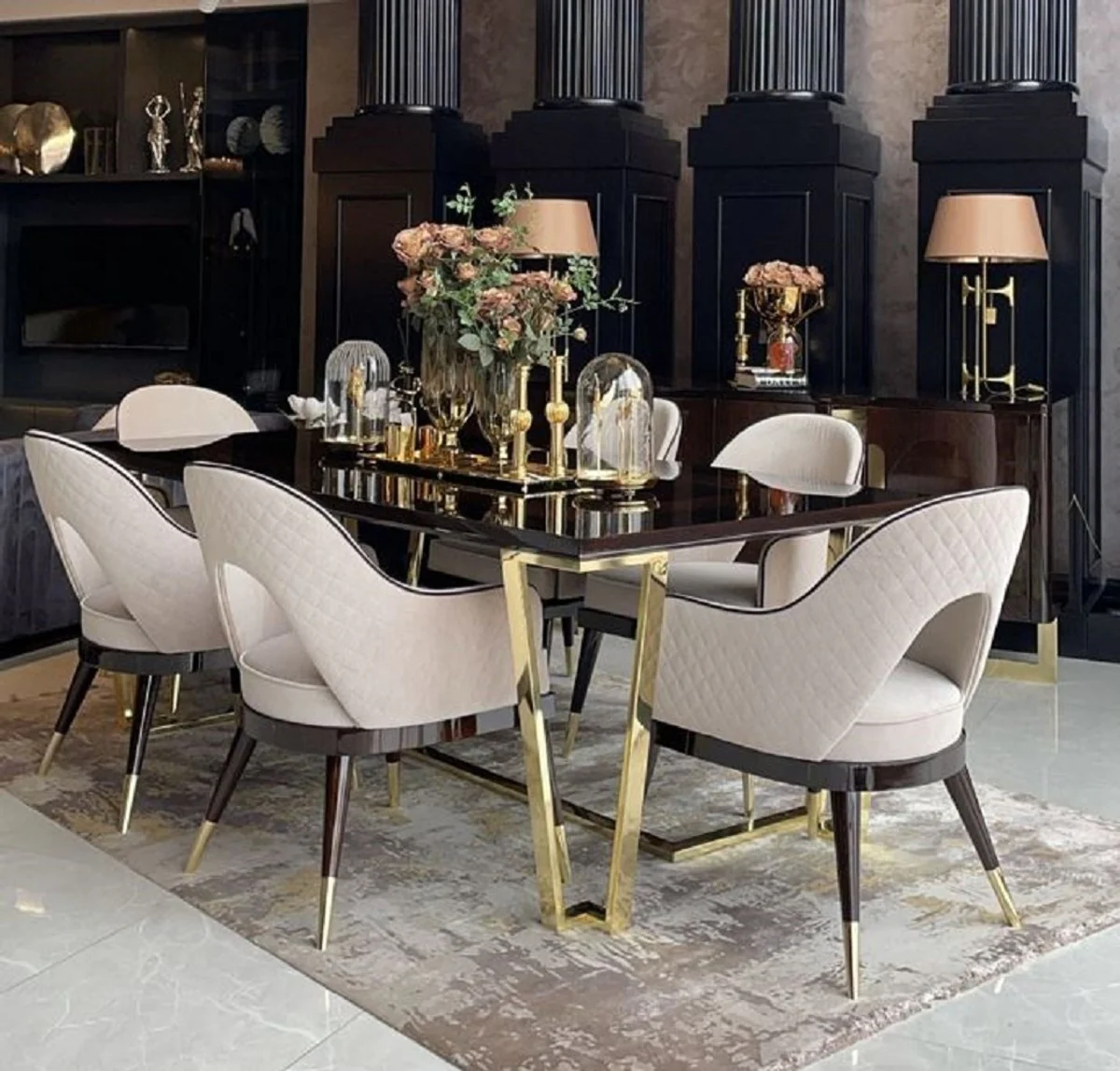 Luxury Art Deco Dining Room Set Beige / Dark Brown / Gold - 1 Dining Table & 6 Dining Chairs - High Quality Art Deco Dining Room Furniture