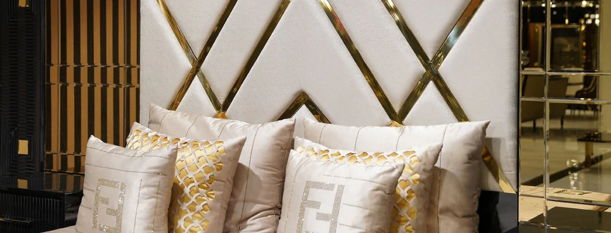 Luxury bedroom set cream / black / gold - 1 double bed with mirrored headboard & 2 bedside tables - luxury bedroom furniture - luxury bedroom furnishings