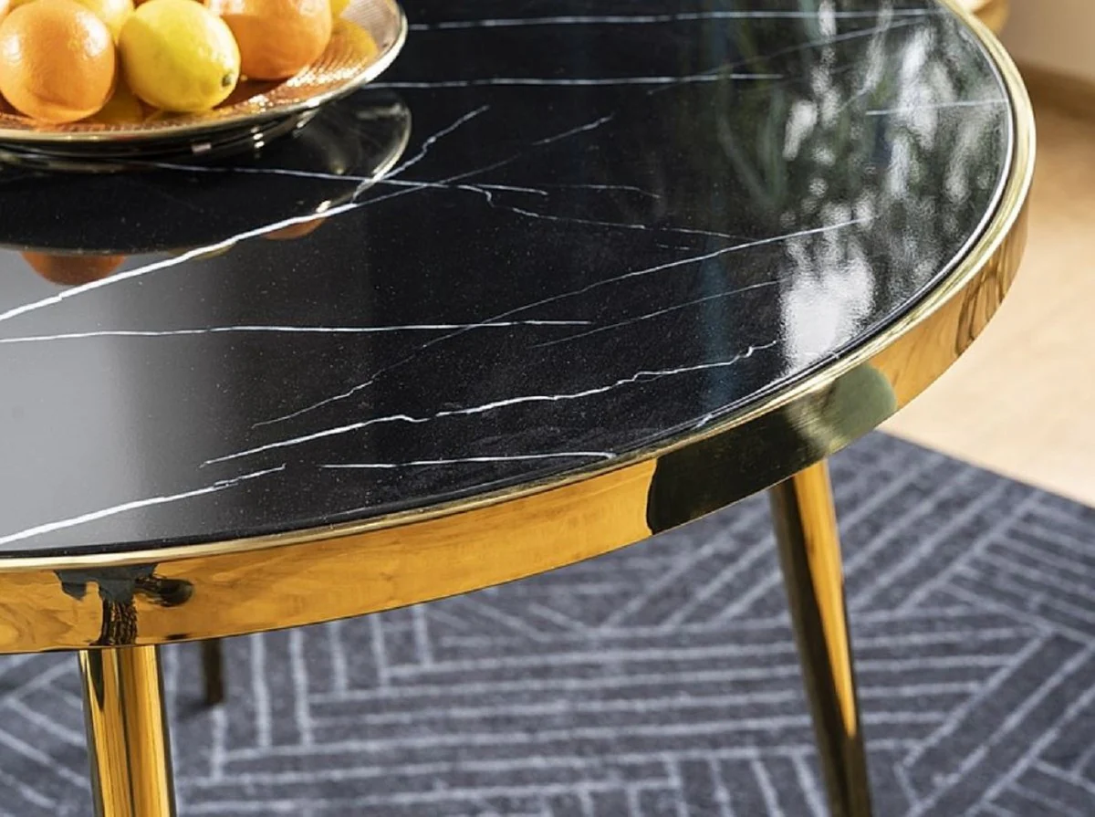Luxury dining table black / gold Ø 100 x H. 75 cm - Round dining room table with glass top in marble look - Dining room furniture - Kitchen furniture