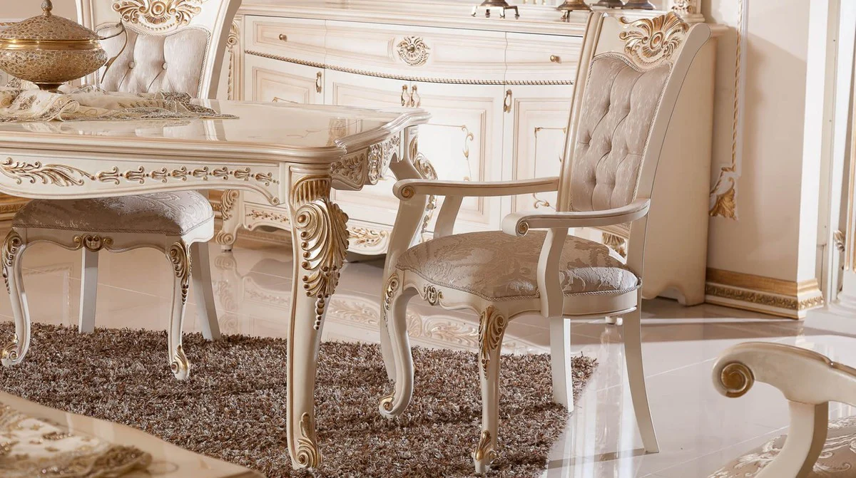 Luxury Baroque Dining Room Chair Set of 6 Gray / White / Beige / Gold - Baroque Style Kitchen Chairs with Pattern - Luxury Dining Room Furniture in Baroque Style - Baroque Dining Room Furniture