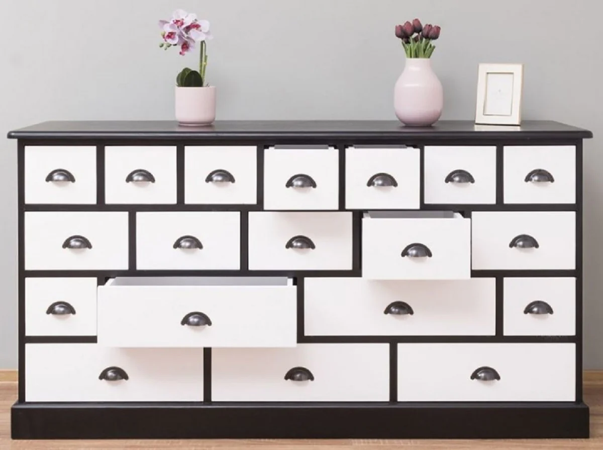 Country house style chest of drawers black / white 180 x 48 x H. 95 cm - solid wood cabinet with 19 drawers - country house style furniture - country house style furniture - country house style furnishings