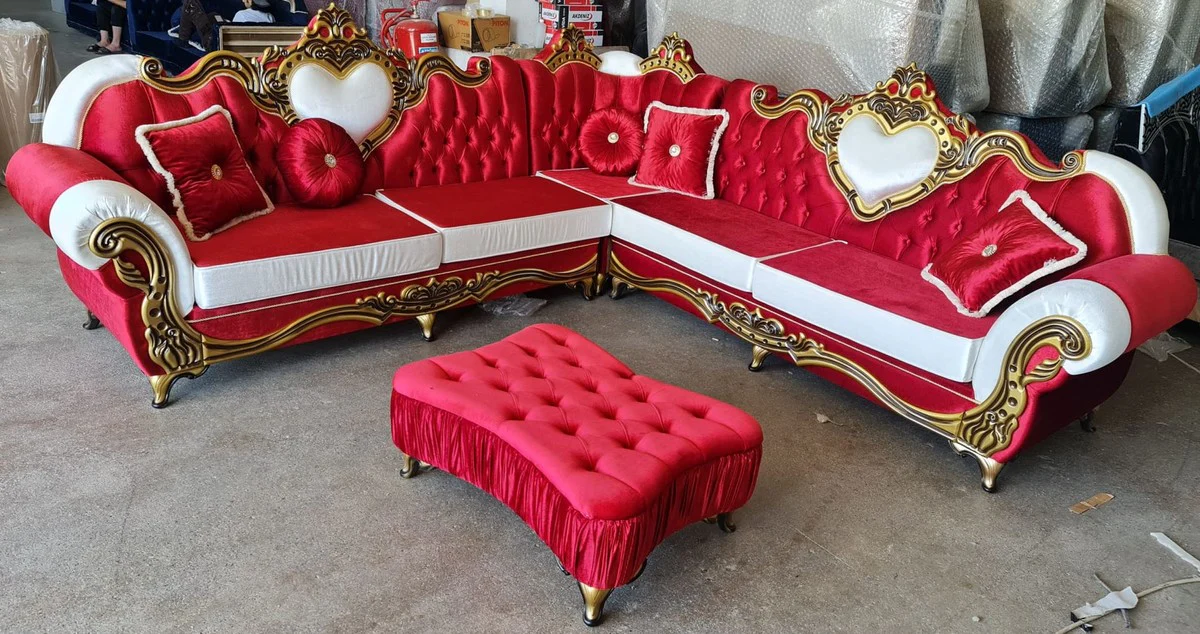 Luxury Baroque corner sofa Bordeaux red / white / gold