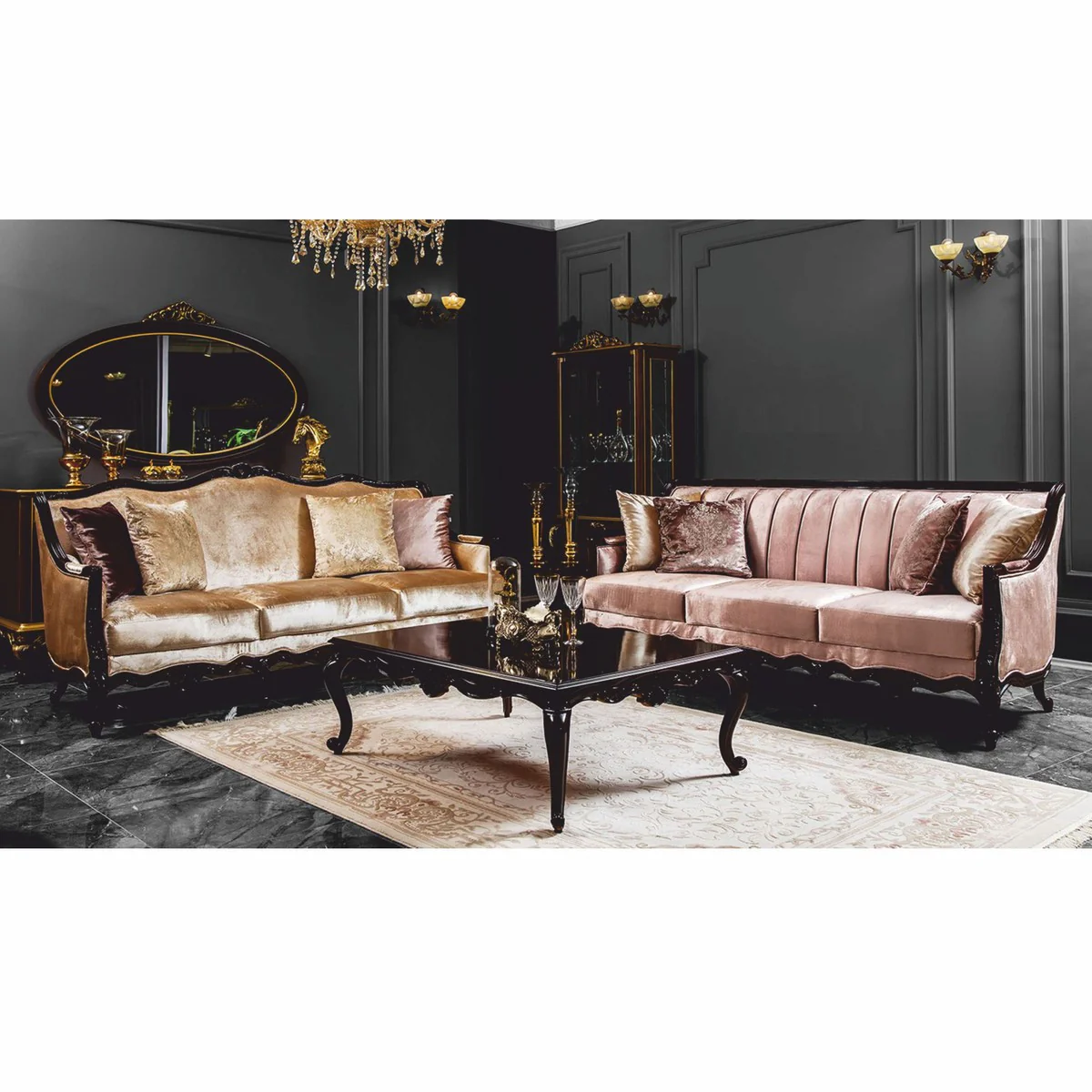 Luxury Baroque Sofa Pink / Dark Brown 229 cm - Baroque Furniture