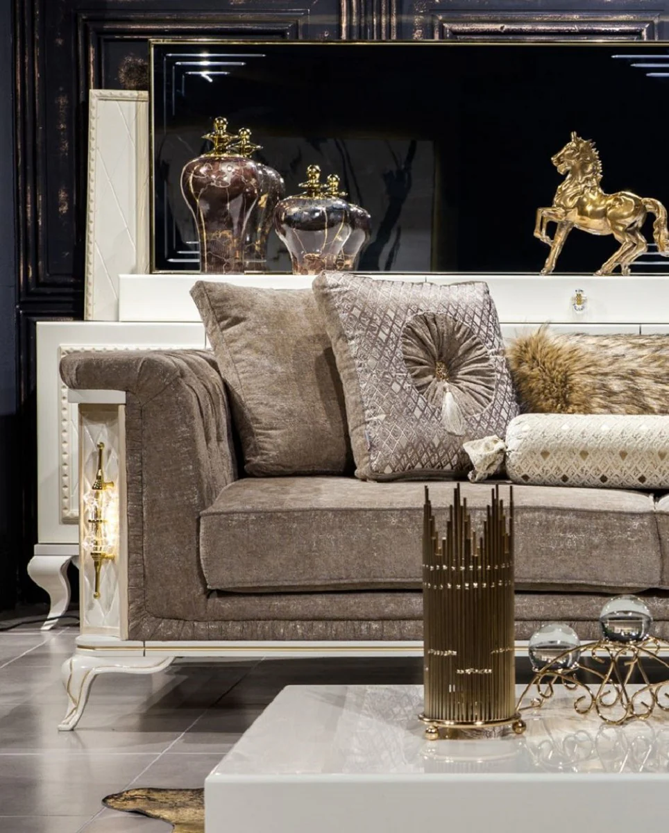 Luxury Baroque Sofa Gray / White / Gold - Illuminated Living Room Sofa in Baroque Style - Baroque Living Room Furniture - Noble & Magnificent