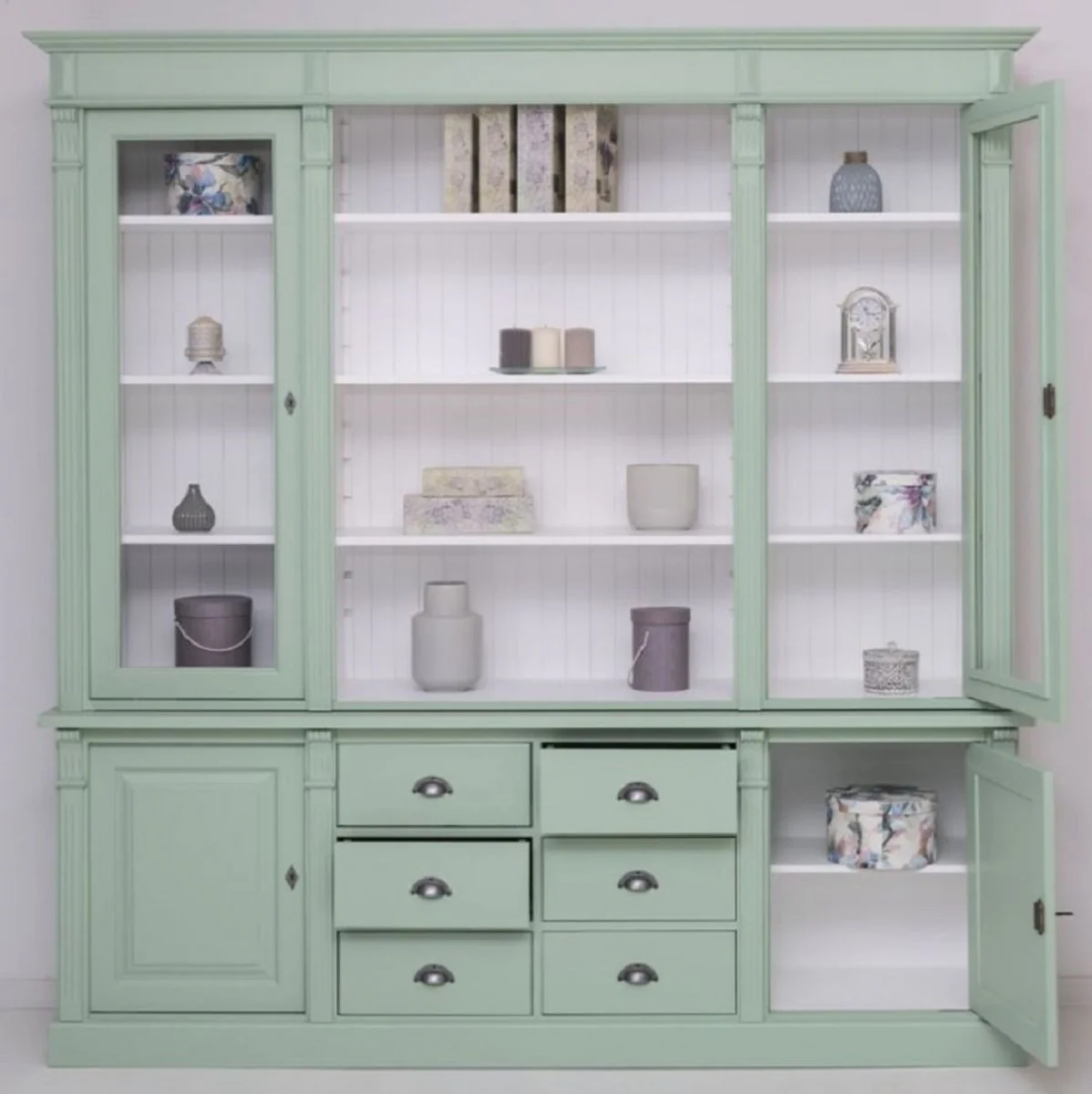 Country house style dining room cabinet light green / white 223 x 51 x H. 228 cm - solid wood cabinet - kitchen cabinet - country house style dining room furniture