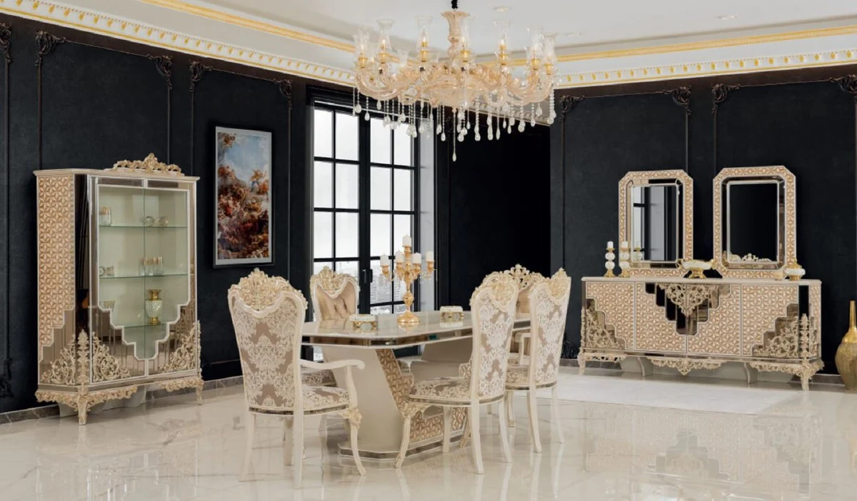 Luxury Baroque Dining Room Set White / Gold - 1 Dining Table & 8 Dining Chairs - Dining Room Furniture in Baroque Style - Noble & Magnificent