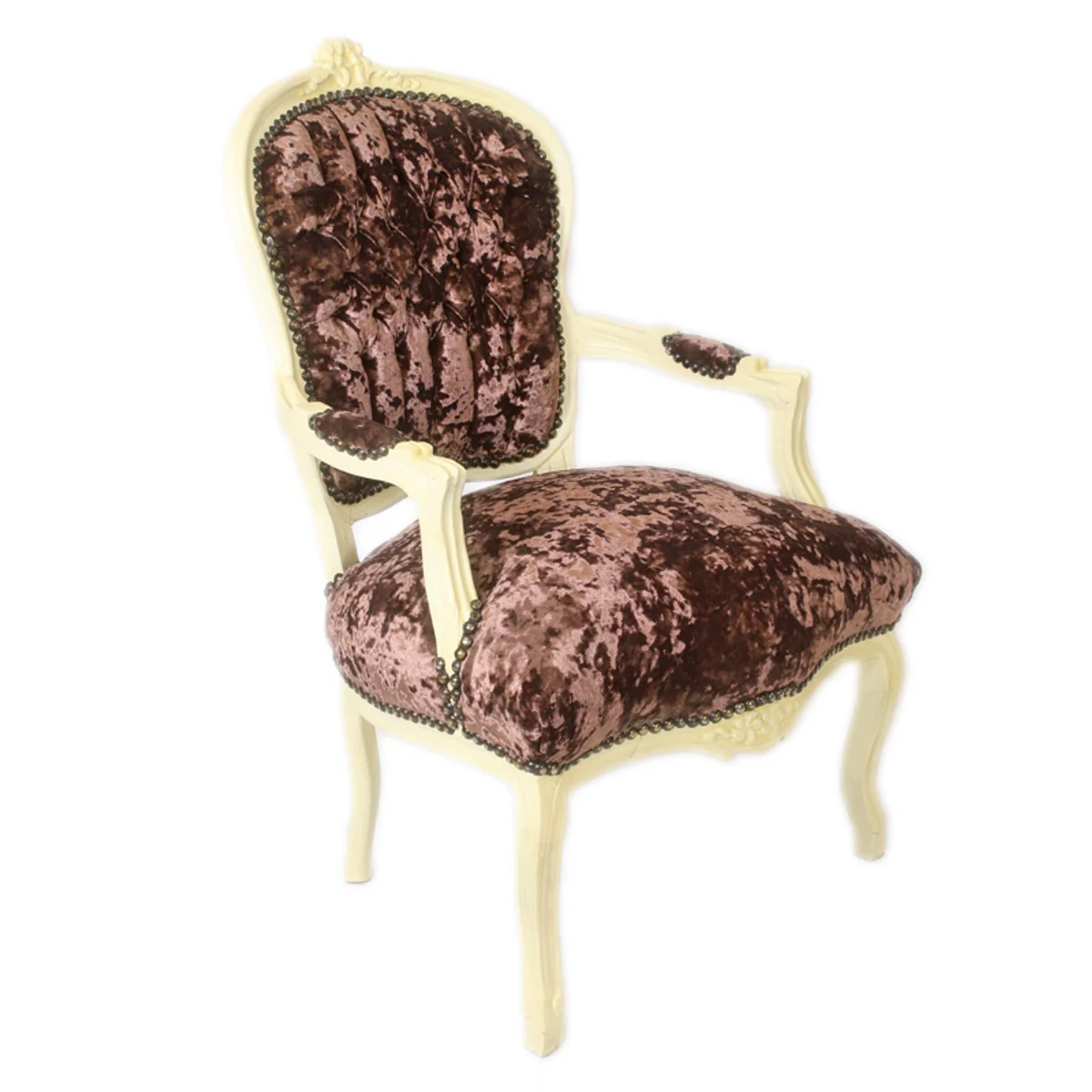 Baroque Salon Chair Brown Velor Fabric / Cream - Antique Design Furniture
