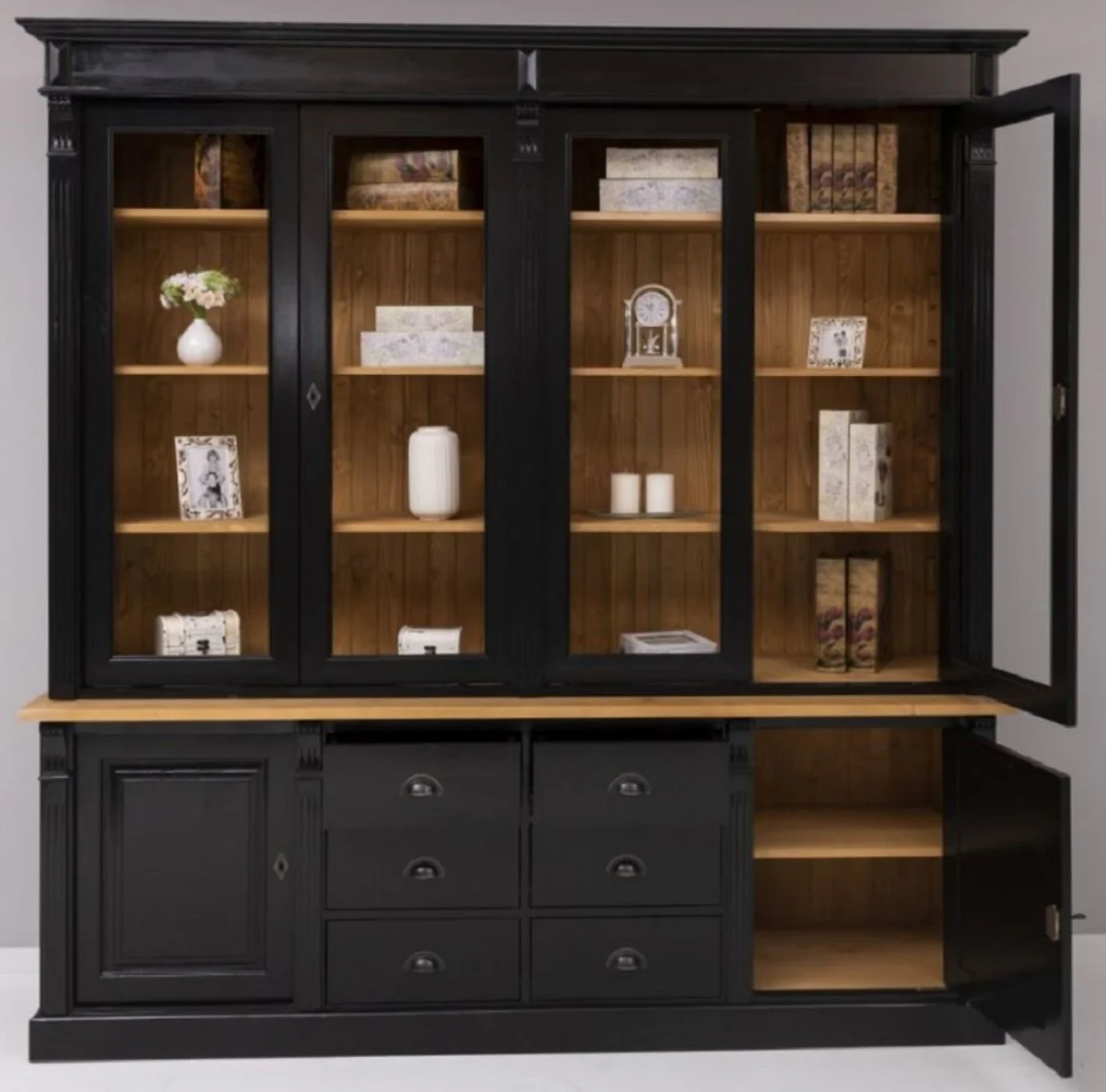Country house style solid wood cabinet black / natural colors 223 x 51 x H. 228 cm - bookcase - shelf cabinet - country house style solid wood furniture