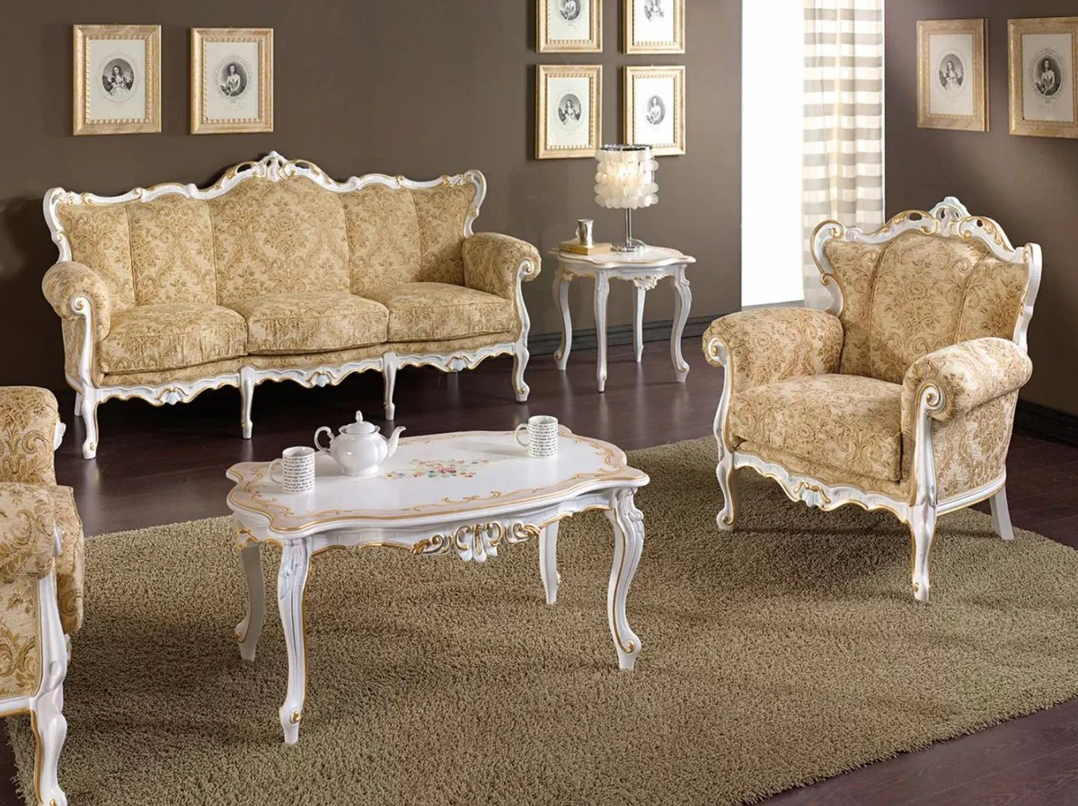 Luxury Baroque Sofa Beige / White / Gold - Handmade Living Room Sofa in Baroque Style - Baroque Living Room & Hotel Furniture - Luxury Quality - Made in Italy
