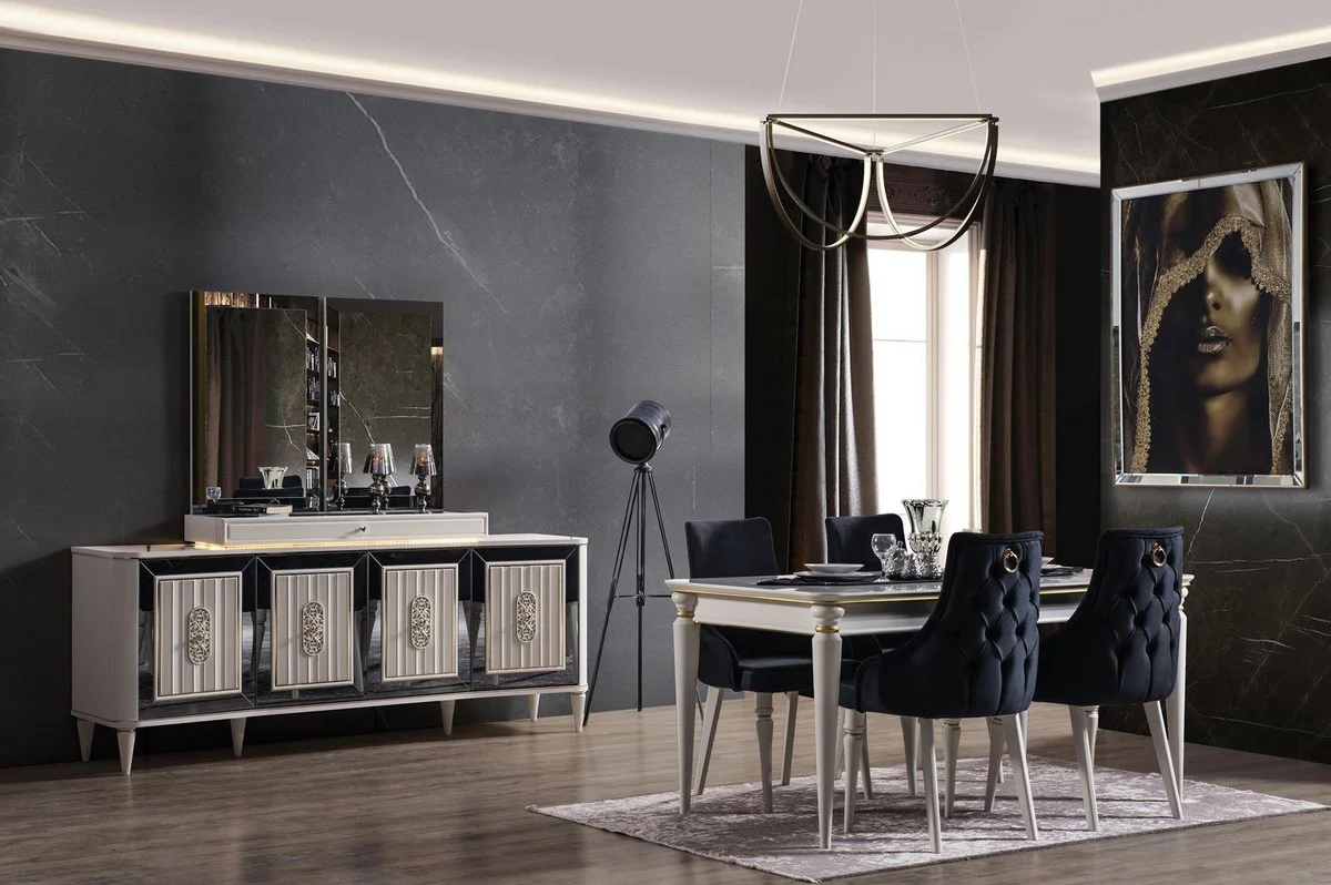 Luxury Art Deco dining room set dark blue / white / gold - 1 extendable dining room table & 6 dining room chairs - Art Deco dining room furniture - luxury quality