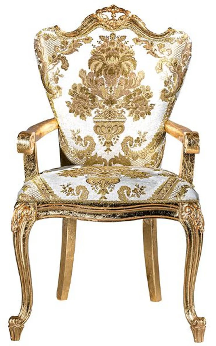 Luxury Baroque dining room chair set white / gold - 6 handmade kitchen chairs with armrests and elegant pattern - Baroque dining room furniture - noble & magnificent