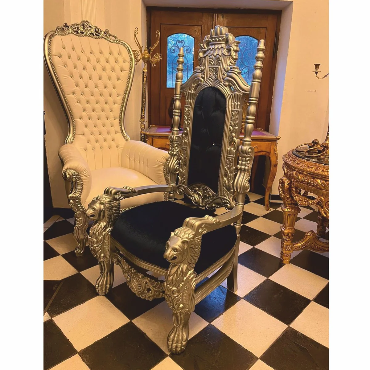 Luxury baroque throne armchair with glittering stones dark blue / silver - baroque furniture