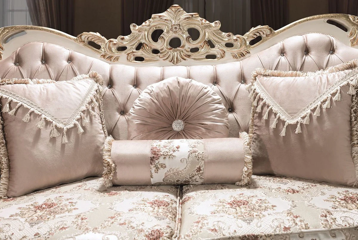 Luxury baroque sofa pink / white / gold 230 x 100 x H. 110 cm - living room sofa with rhinestones and decorative pillows - baroque furniture