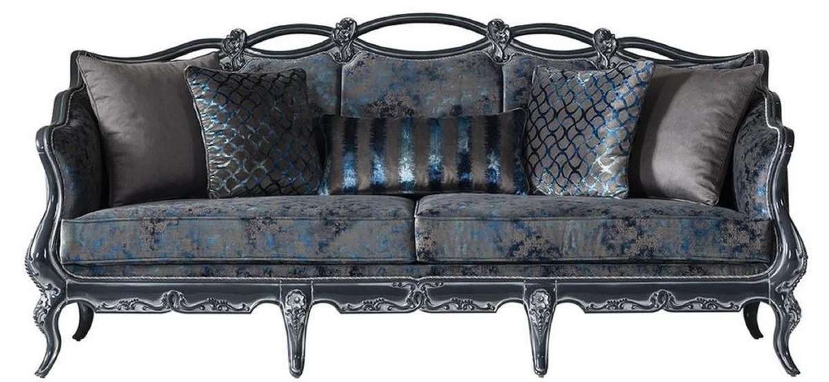 Luxury Baroque Sofa Gray / Blue / Gray 224 x 103 x H. 110 cm - Elegant living room sofa with elegant pattern and decorative pillows - Baroque style living room furniture
