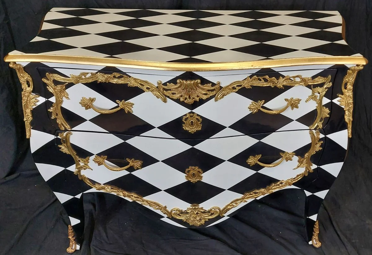 Baroque chest of drawers with checked design and 2 drawers black / white / gold - handmade solid wood chest of drawers in baroque style - bedroom furniture in baroque style - baroque furniture