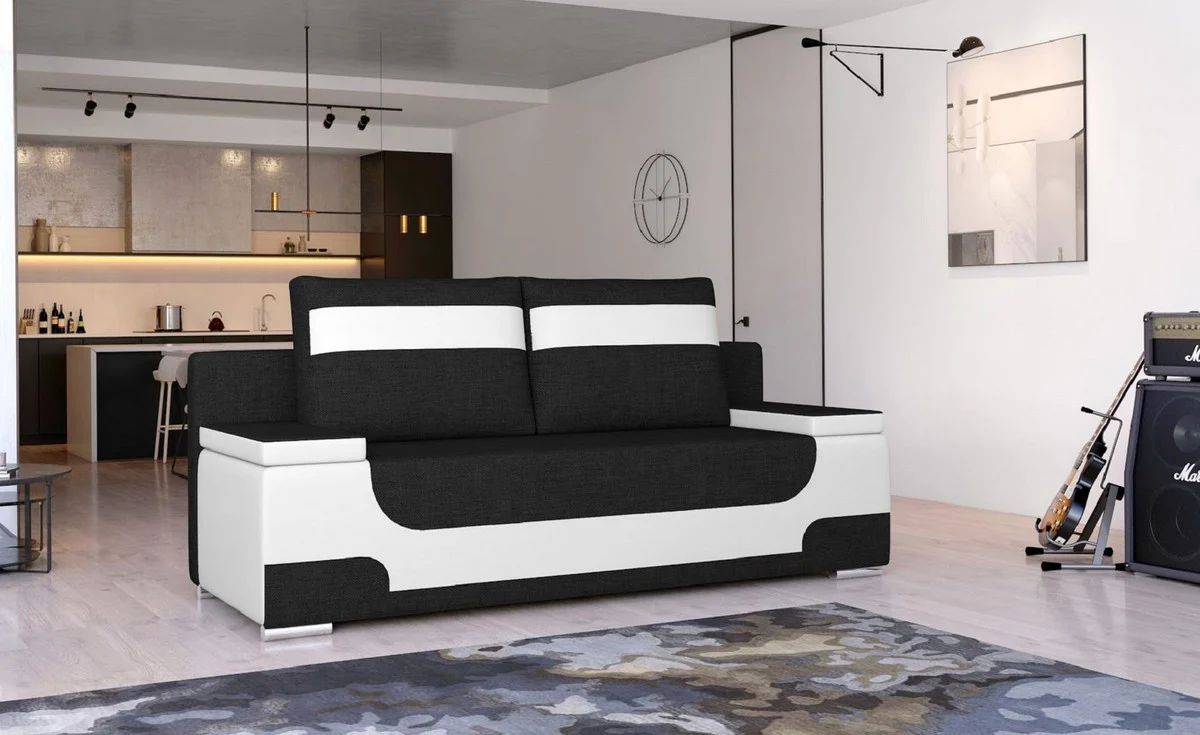 Luxury sofa bed black / white / silver 200 x 92 x H. 90 cm - living room sofa with sleeping function - living room furniture - luxury furniture - luxury interior