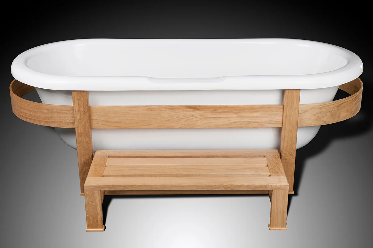 Luxury retro bathtub white / natural colors 178 x 76 x H. 73 cm - Freestanding bathtub with wooden frame and step - Retro bathroom furniture