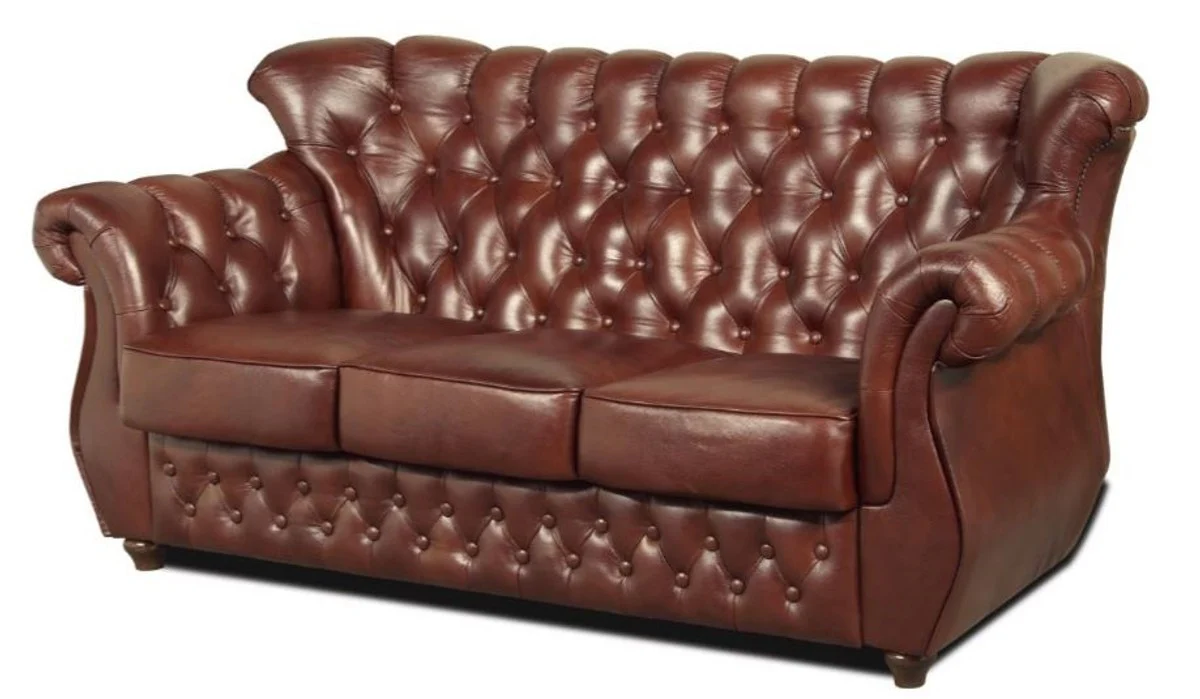 Chesterfield genuine leather 3-seater sofa in brown with dark brown feet 200 x 80 x H. 85 cm - luxury quality