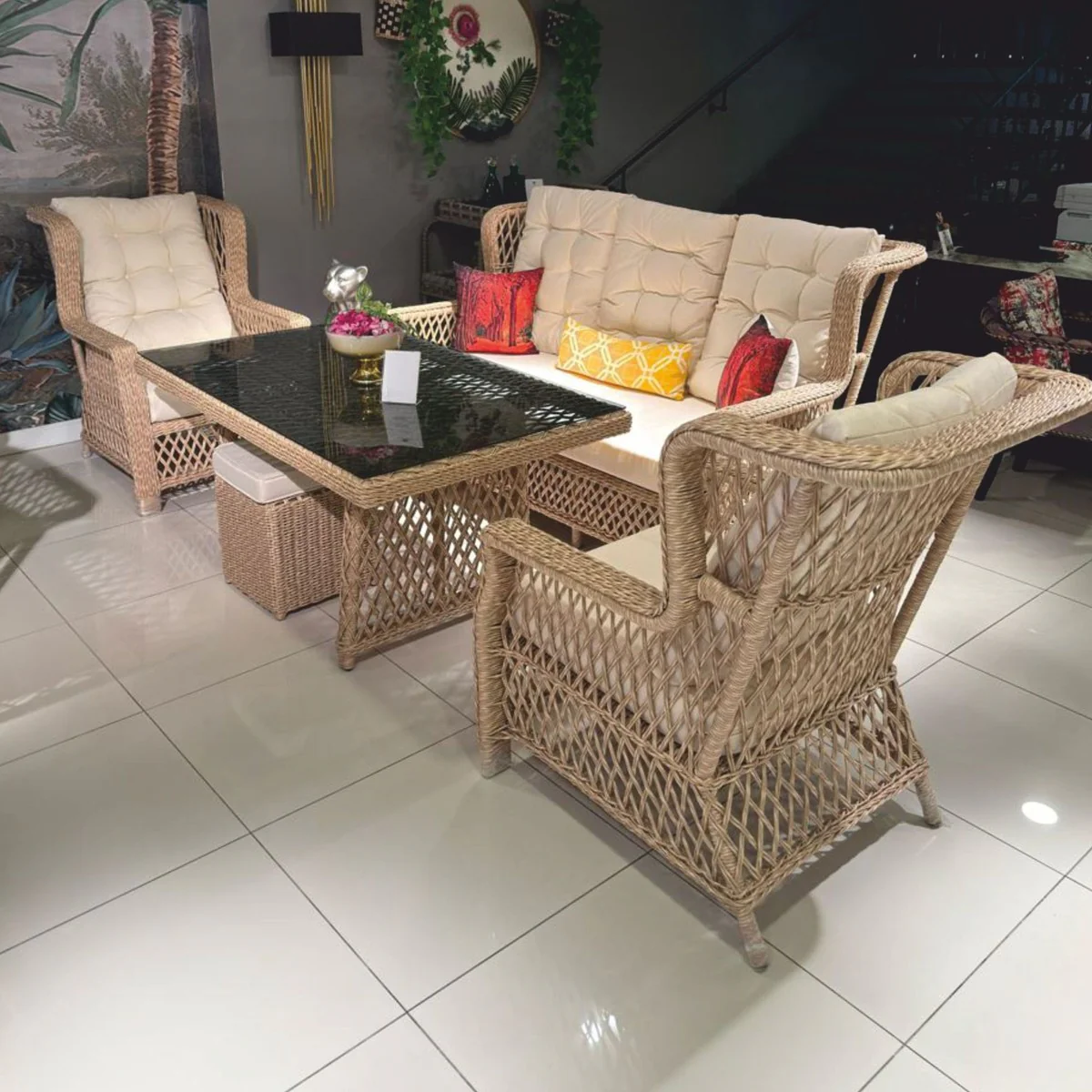 Luxury rattan garden dining table with glass top natural color / gray 200 cm
