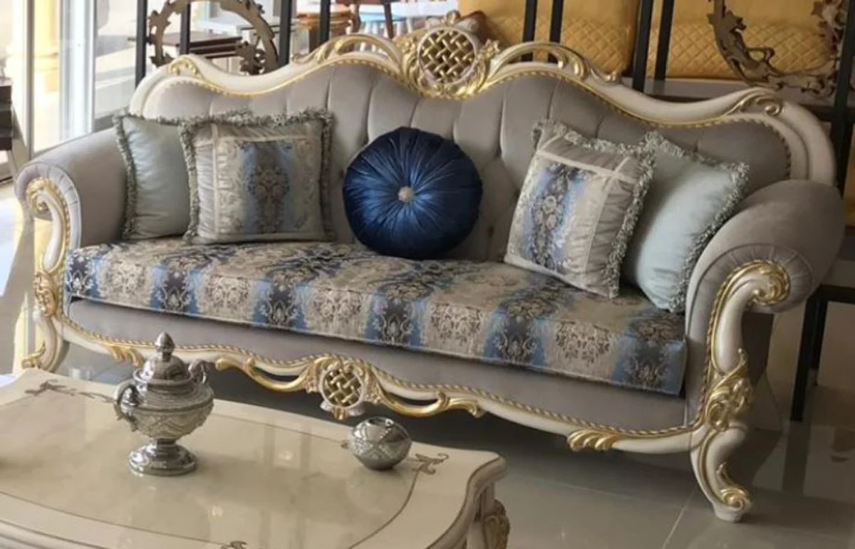 Luxury Baroque Living Room Set Gray / Blue / White / Gold - 2 Sofas & 2 Armchairs & 1 Coffee Table - Living Room Furniture in Baroque Style - Noble & Magnificent