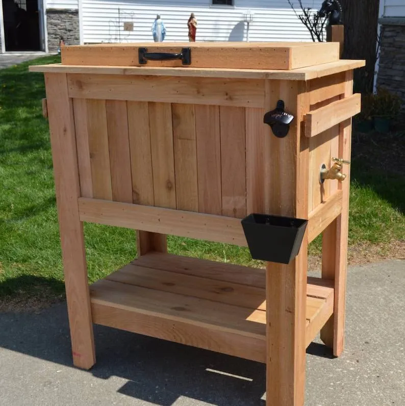 All Weather 48 Quart Antiqued Cedar Cooler Stand with Brass Drain, Bottle Opener and Cap Catcher, Beer Cooler.
