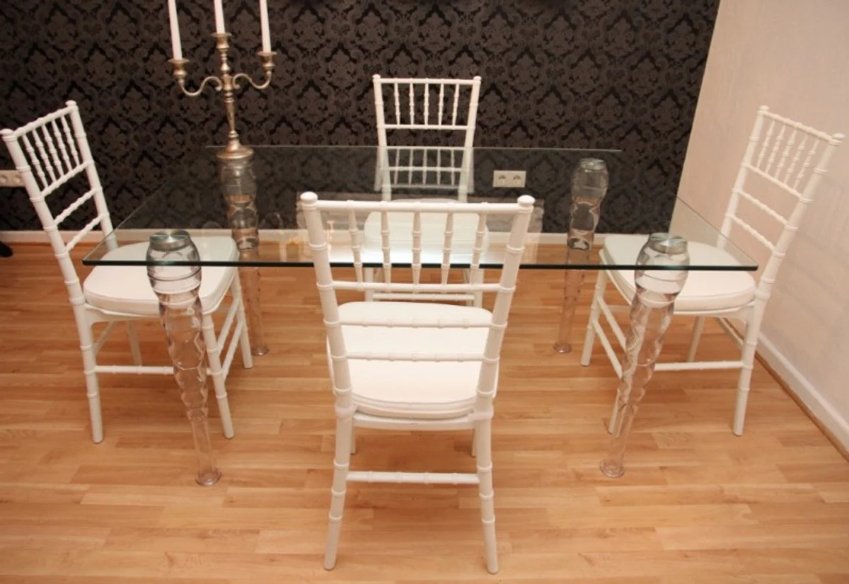 Designer Acrylic Dining Room Set White/White - Ghost Chair Table - Polycarbonate Furniture - 1 Table + 4 Chairs - Designer Furniture