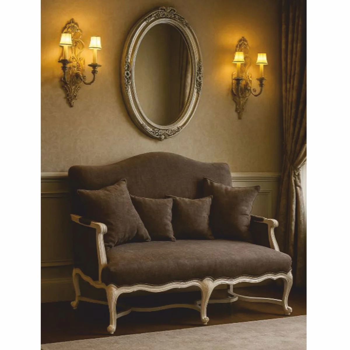 Luxury Baroque Sofa Dark Brown / White 150 cm - Baroque Living Room Furniture