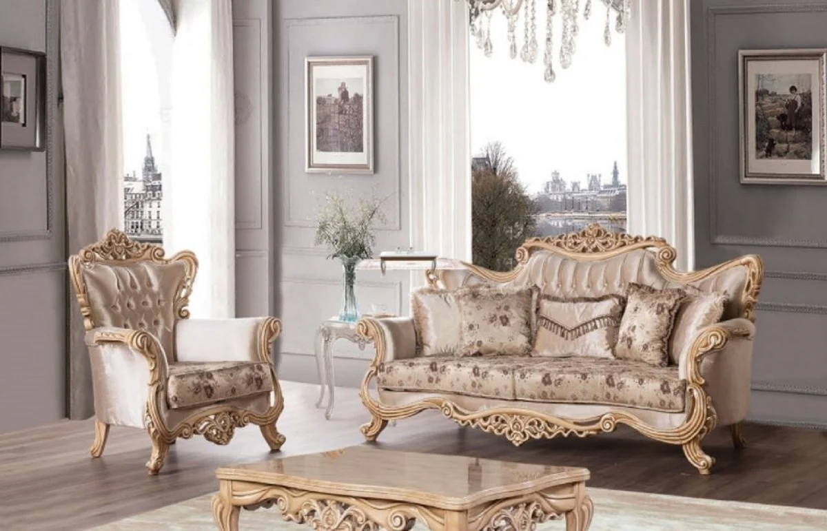 Luxury Baroque Sofa Beige / Brown / Natural Colors - Magnificent Living Room Sofa with Elegant Pattern - Baroque Furniture - Noble & Magnificent