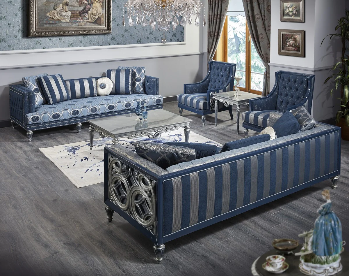 Luxury Baroque Chesterfield sofa blue / silver stripes 250 x 92 x H. 85 cm - living room furniture in the baroque style