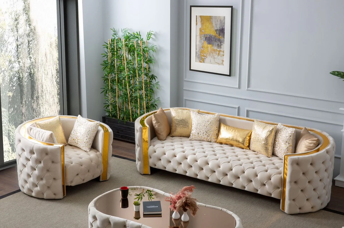 Luxury Chesterfield 3-seater sofa cream / gold 260 x 100 x H. 75 cm - Chesterfield living room sofa - living room furniture - Chesterfield furniture - luxury furniture - luxury furnishings - furniture luxury