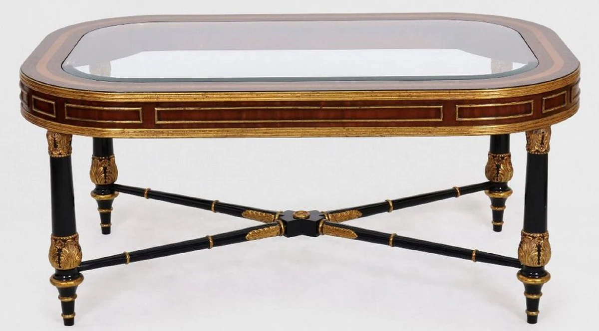 Luxury baroque coffee table brown / black / gold 122 x 81 x H. 56 cm - Noble solid wood living room table with glass top - Baroque furniture