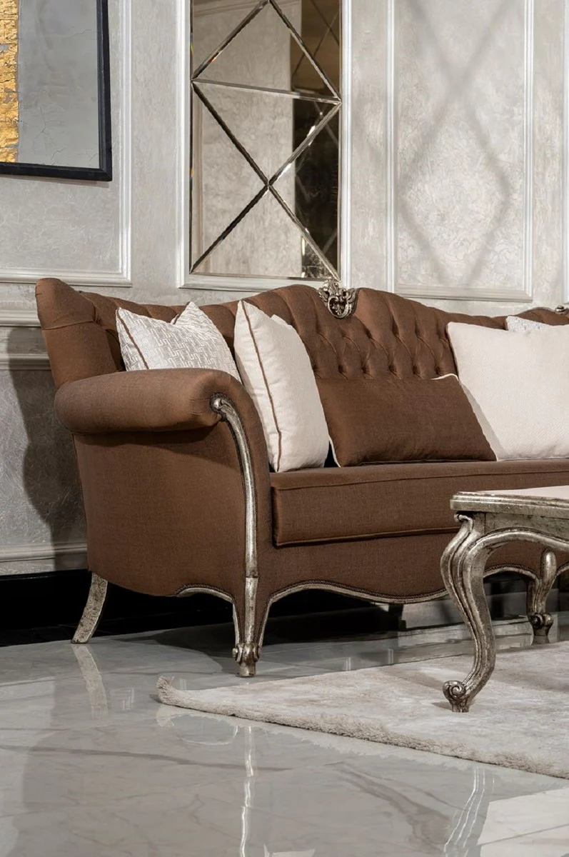 Luxury Baroque Living Room Sofa Brown / Antique Silver - Handmade Baroque Style Sofa with Decorative Pillows - Luxury Living Room Furniture in Baroque Style - Baroque Furniture - Noble & Magnificent