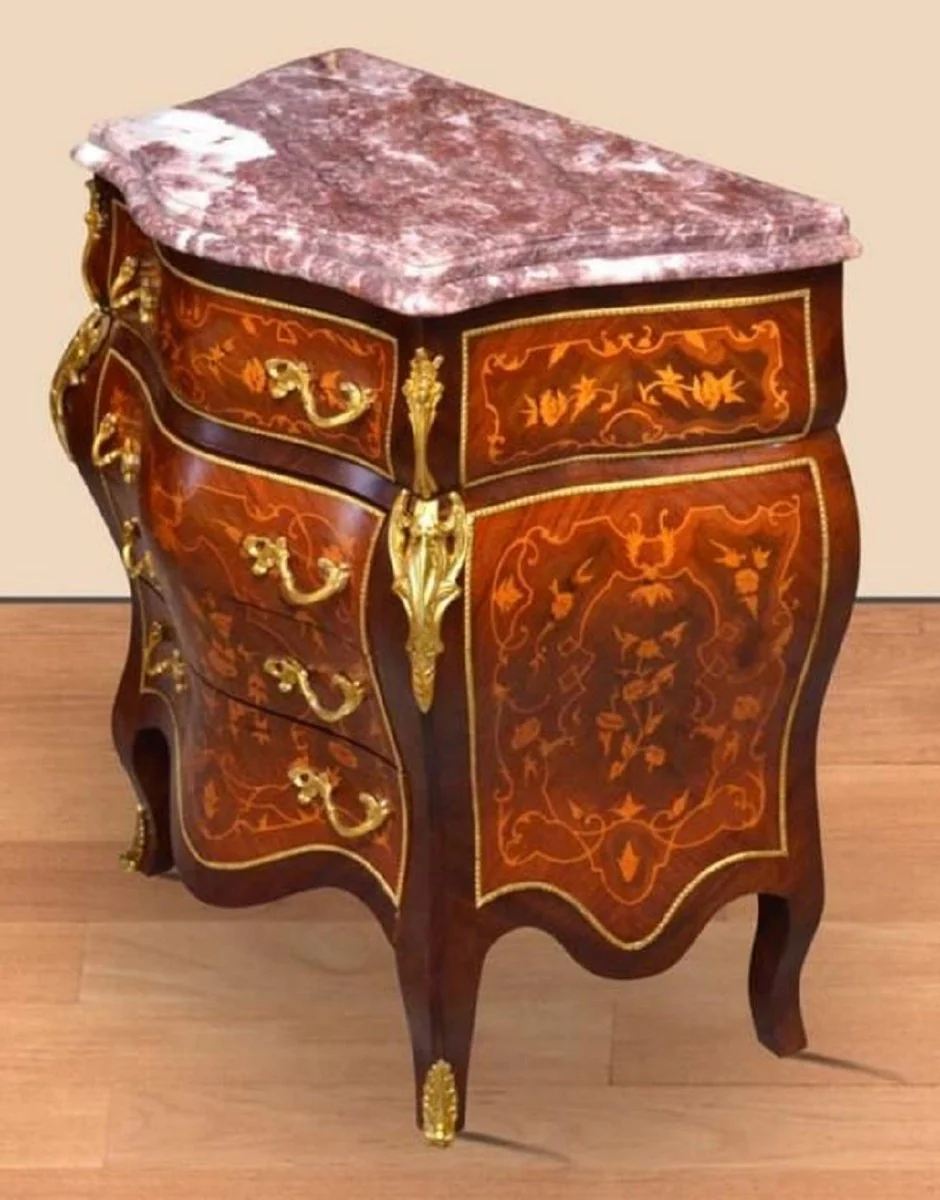Baroque chest of drawers brown inlaid / gold / red - handmade antique style chest of drawers with 4 drawers and marble top - baroque furniture
