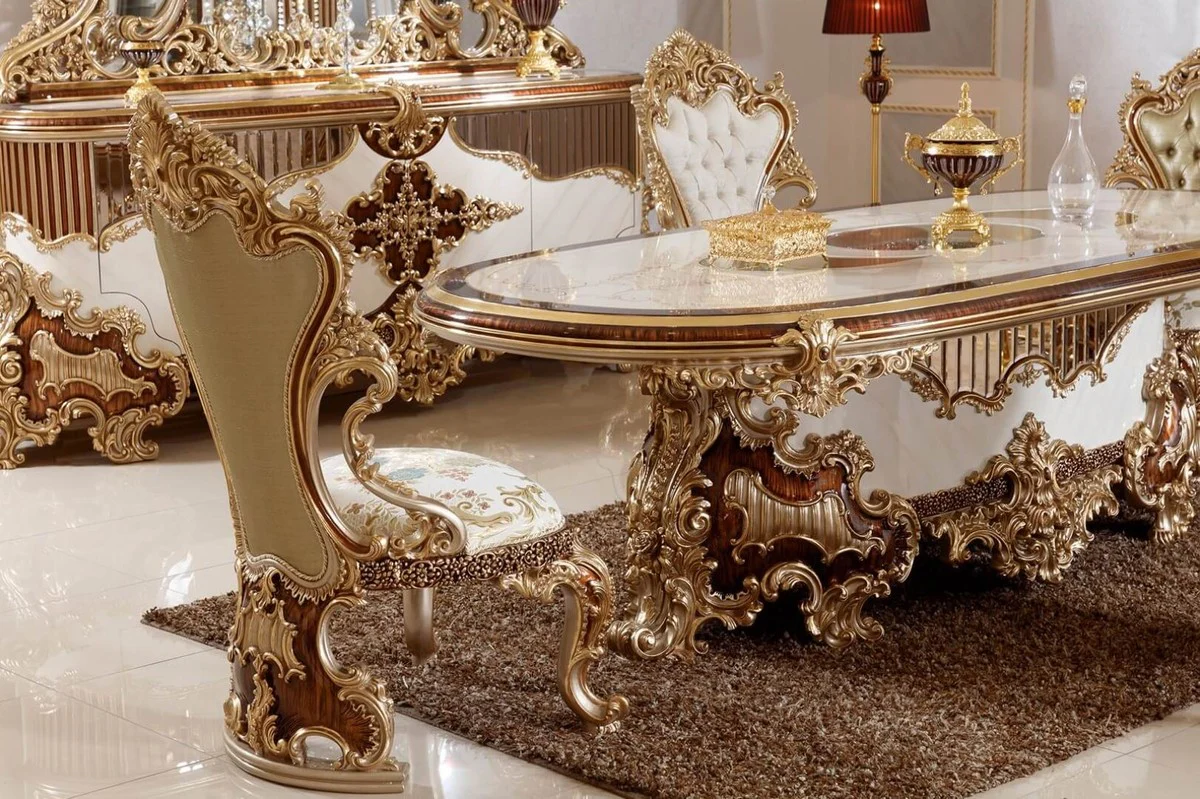 Luxury Baroque Dining Room Set White / Brown / Gold - 1 Baroque Dining Table & 6 Baroque Dining Room Chairs - Baroque Dining Room Furniture - Luxury Furniture in Baroque Style - Noble & Magnificent - Luxury Quality