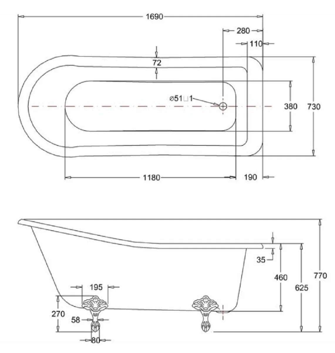 Luxury Art Nouveau bathtub white / black 169 x 73 x H. 77 cm - Freestanding retro acrylic bathtub - Retro bathroom furniture